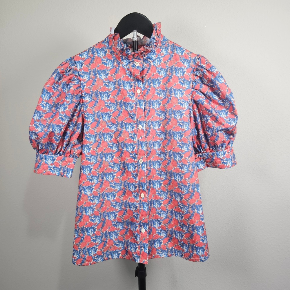 Hyacinth House Blouse Women S Blue Coral Floral Puff Sleeve Ruffle Neck Romantic